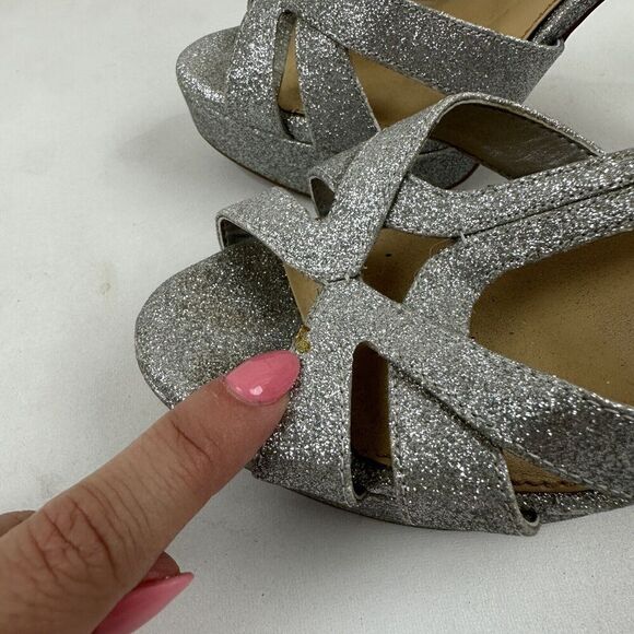 Gianni Bini Silver Glitter Beaded Rhinestone Platform Peep Toe Stiletto Heel 7.5 - Picture 5 of 10